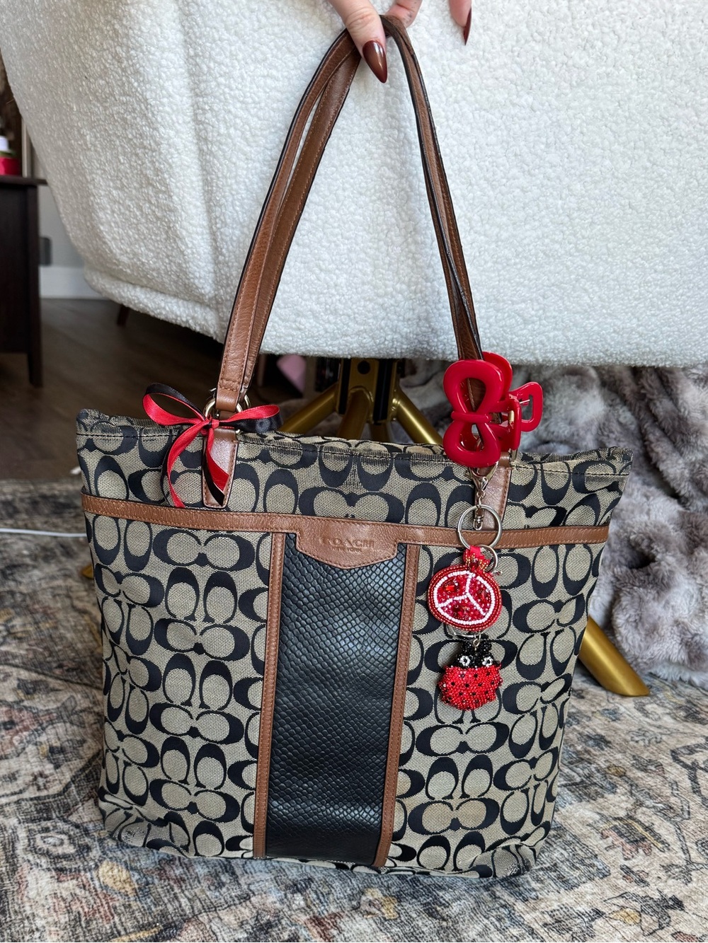 Coach Monogram Canvas Tote with Brown Leather Trim and Black Accent